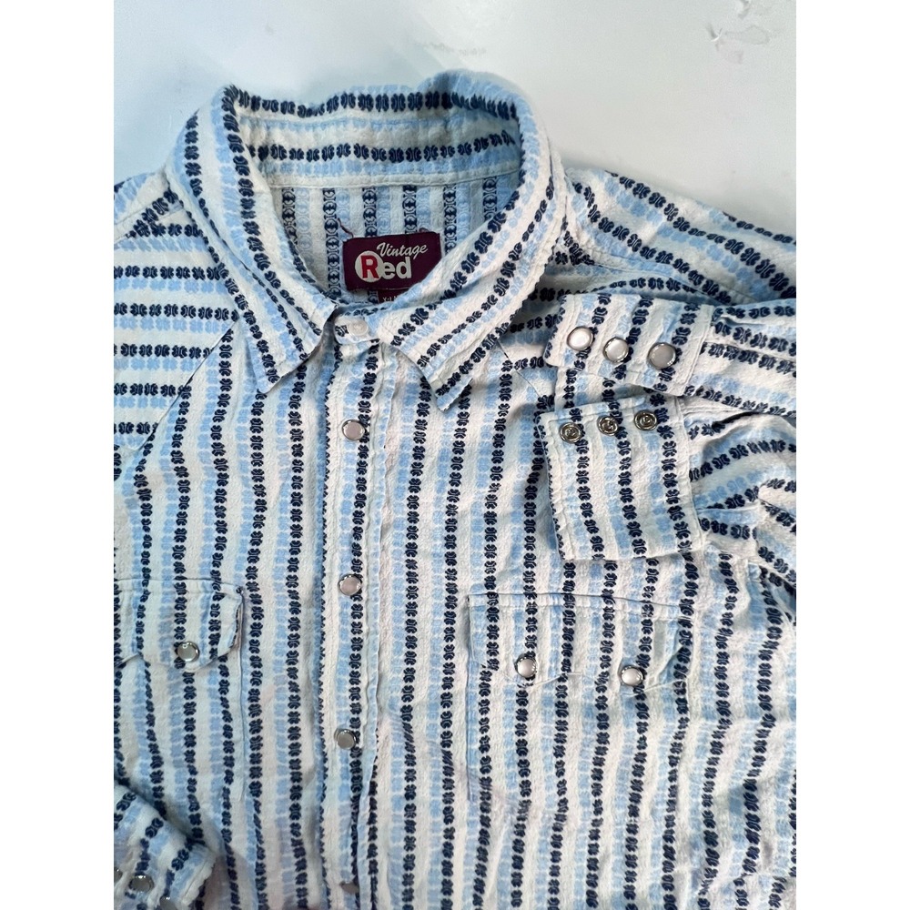 Vintage Red Men Flannel Shirt Size XL Western‎ Pearl Snap Blue White Stripes